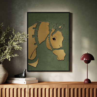 Canvas Wall Art Stretched Over Wooden Frame with Floating Frame and Golden Horse Abstract Painting CV4172 - Al Rugaib Furniture