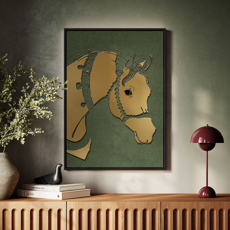 Canvas Wall Art Stretched Over Wooden Frame with Floating Frame and Golden Horse Abstract Painting CV4172 - Al Rugaib Furniture