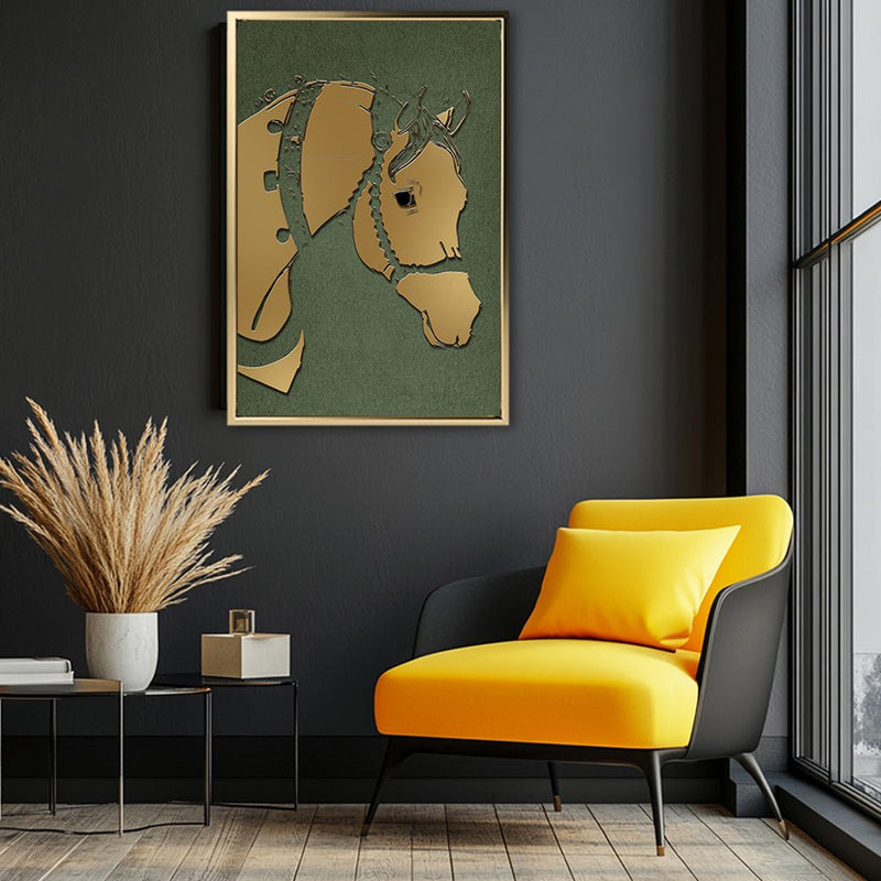 Canvas Wall Art Stretched Over Wooden Frame with Floating Frame and Golden Horse Abstract Painting CV4172 - Al Rugaib Furniture