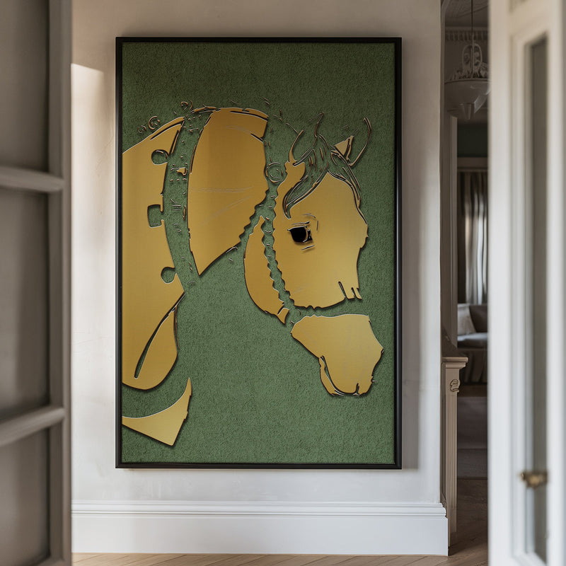 Canvas Wall Art Stretched Over Wooden Frame with Floating Frame and Golden Horse Abstract Painting CV4172 - Al Rugaib Furniture