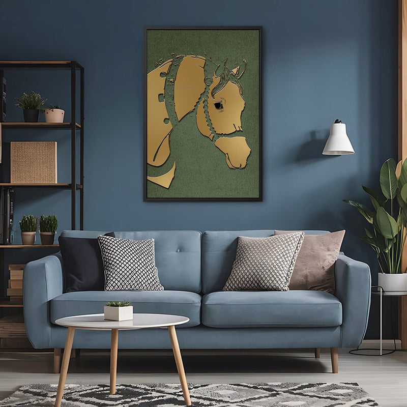 Canvas Wall Art Stretched Over Wooden Frame with Floating Frame and Golden Horse Abstract Painting CV4172 - Al Rugaib Furniture