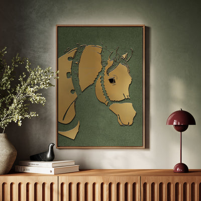 Canvas Wall Art Stretched Over Wooden Frame with Floating Frame and Golden Horse Abstract Painting CV4172 - Al Rugaib Furniture