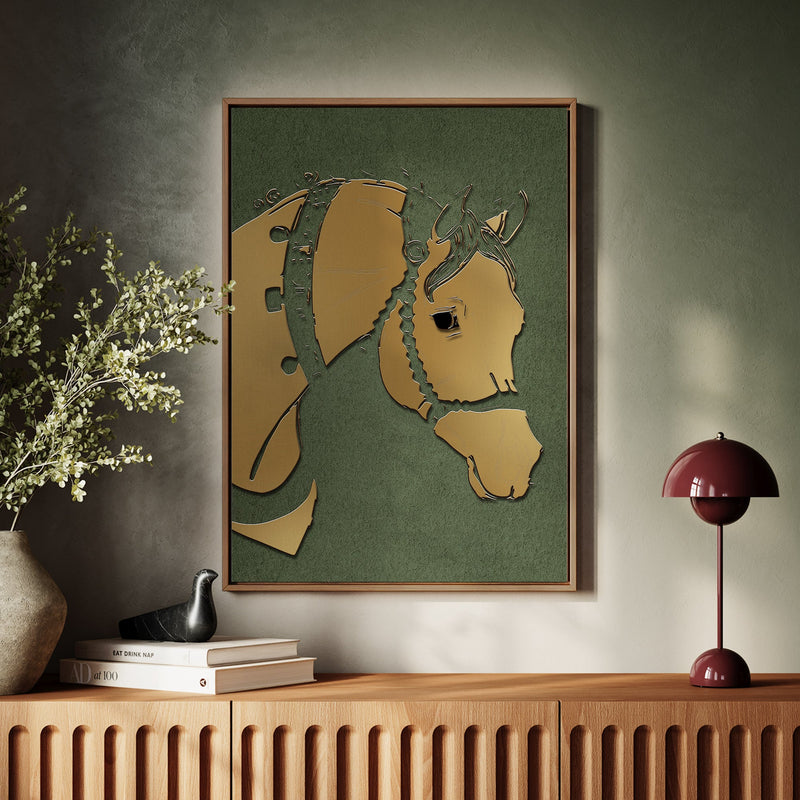 Canvas Wall Art Stretched Over Wooden Frame with Floating Frame and Golden Horse Abstract Painting CV4172 - Al Rugaib Furniture