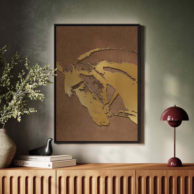 Canvas Wall Art Stretched Over Wooden Frame with Floating Frame and Golden Horse Abstract Painting CV4175 - Al Rugaib Furniture