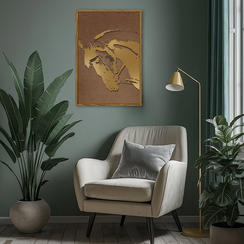Canvas Wall Art Stretched Over Wooden Frame with Floating Frame and Golden Horse Abstract Painting CV4175 - Al Rugaib Furniture