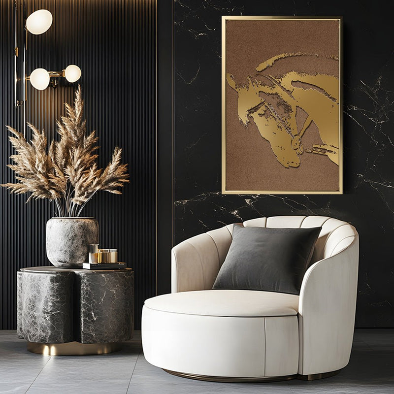 Canvas Wall Art Stretched Over Wooden Frame with Floating Frame and Golden Horse Abstract Painting CV4175 - Al Rugaib Furniture