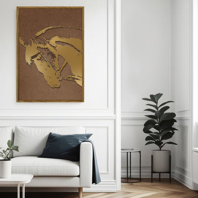 Canvas Wall Art Stretched Over Wooden Frame with Floating Frame and Golden Horse Abstract Painting CV4175 - Al Rugaib Furniture