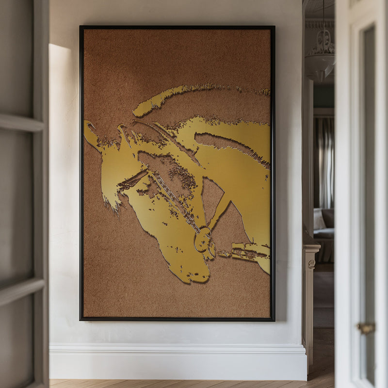 Canvas Wall Art Stretched Over Wooden Frame with Floating Frame and Golden Horse Abstract Painting CV4175 - Al Rugaib Furniture