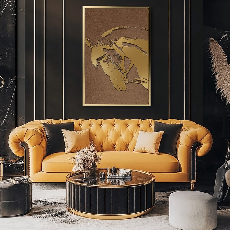 Canvas Wall Art Stretched Over Wooden Frame with Floating Frame and Golden Horse Abstract Painting CV4175 - Al Rugaib Furniture