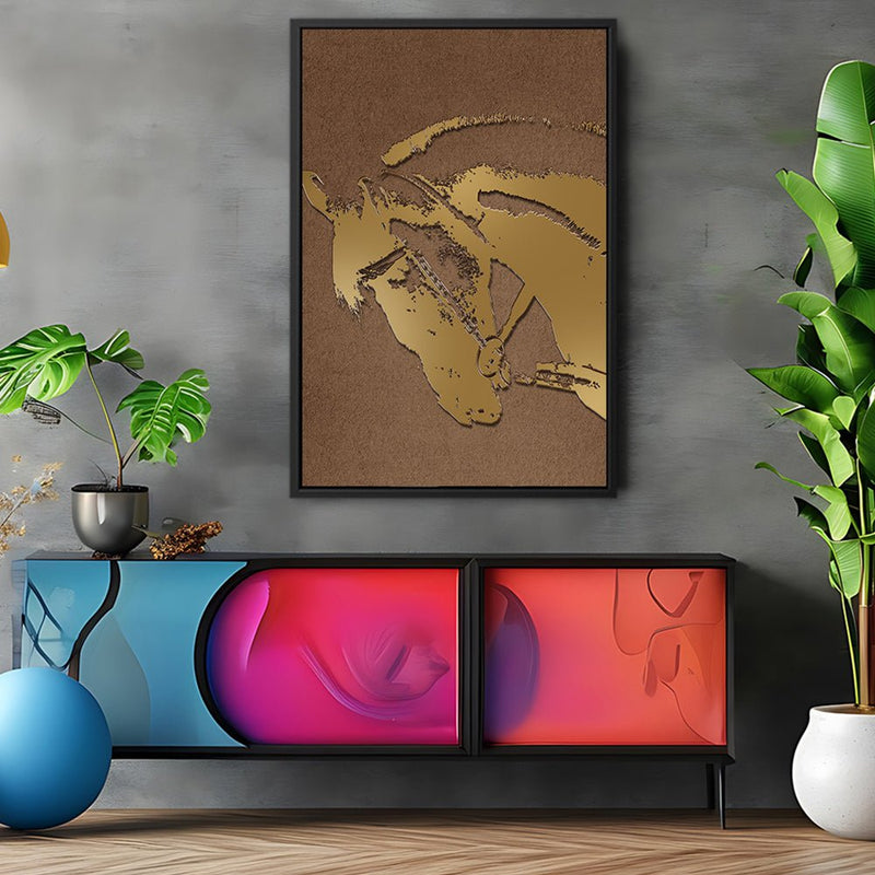 Canvas Wall Art Stretched Over Wooden Frame with Floating Frame and Golden Horse Abstract Painting CV4175 - Al Rugaib Furniture