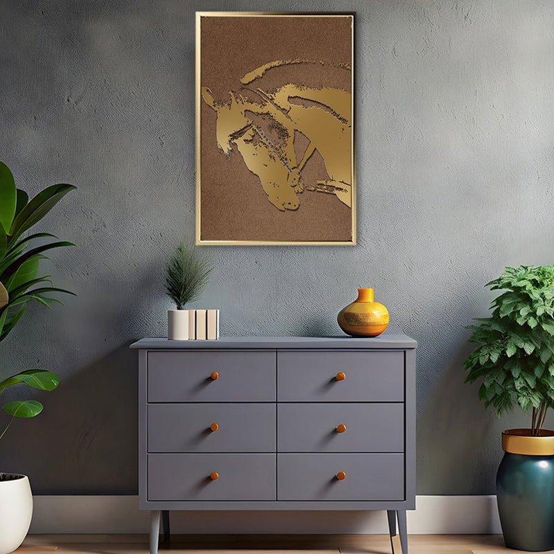 Canvas Wall Art Stretched Over Wooden Frame with Floating Frame and Golden Horse Abstract Painting CV4175 - Al Rugaib Furniture