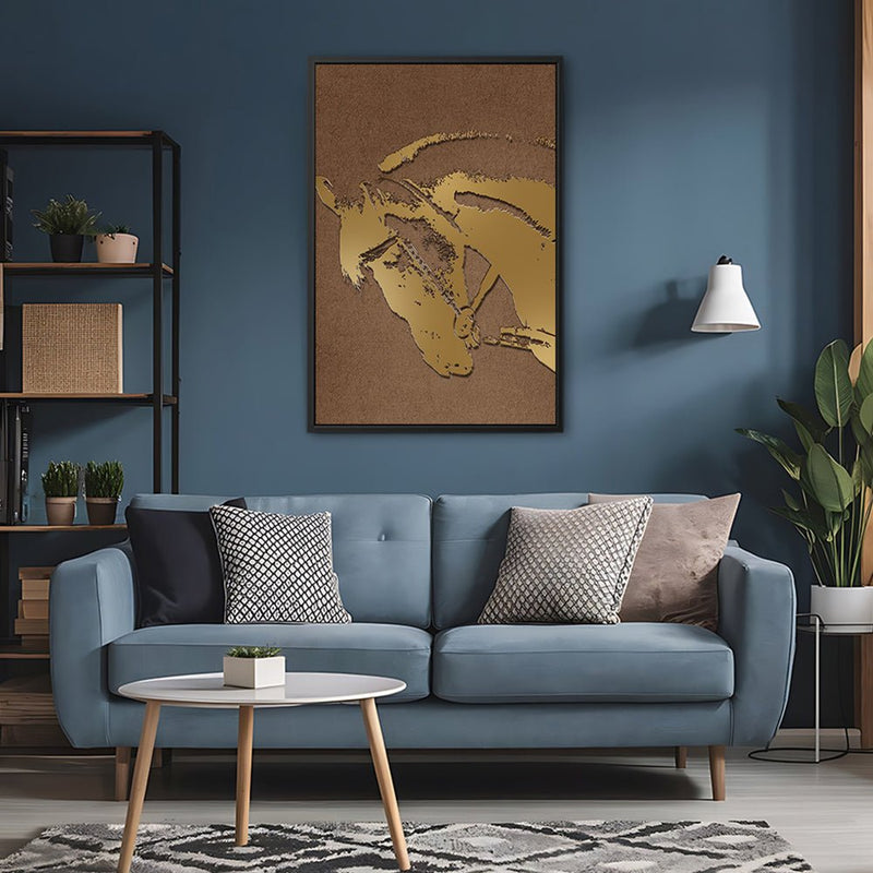 Canvas Wall Art Stretched Over Wooden Frame with Floating Frame and Golden Horse Abstract Painting CV4175 - Al Rugaib Furniture