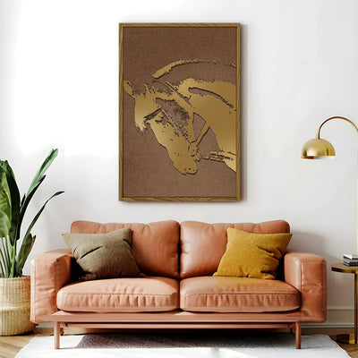 Canvas Wall Art Stretched Over Wooden Frame with Floating Frame and Golden Horse Abstract Painting CV4175 - Al Rugaib Furniture