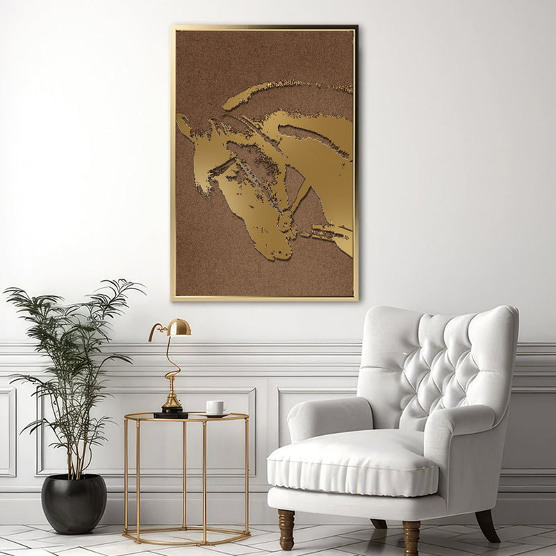 Canvas Wall Art Stretched Over Wooden Frame with Floating Frame and Golden Horse Abstract Painting CV4175 - Al Rugaib Furniture