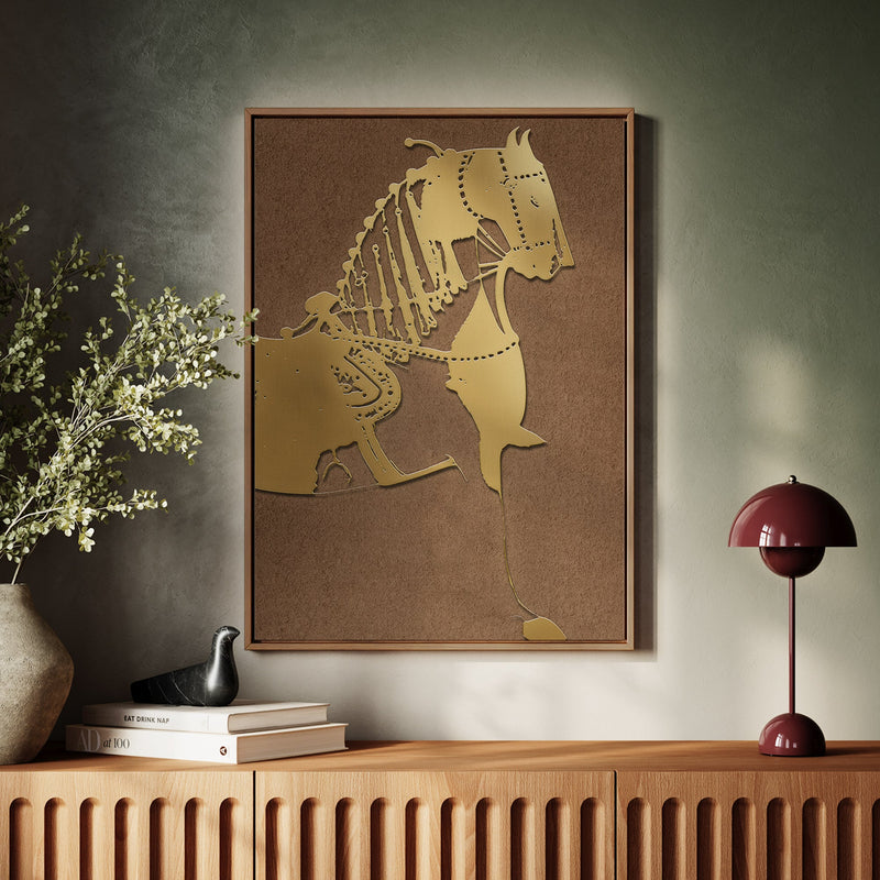 Canvas Wall Art Stretched Over Wooden Frame with Floating Frame and Golden Horse Painting CV4176 - Al Rugaib Furniture