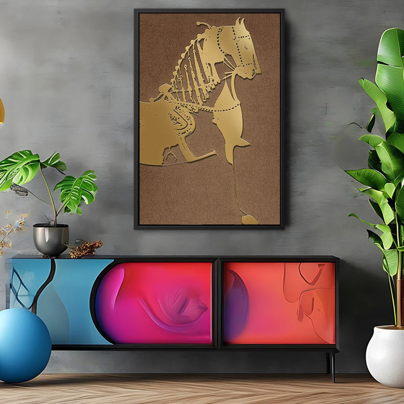 Canvas Wall Art Stretched Over Wooden Frame with Floating Frame and Golden Horse Painting CV4176 - Al Rugaib Furniture