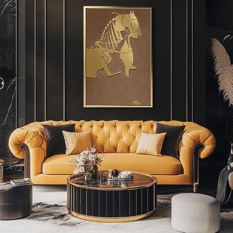 Canvas Wall Art Stretched Over Wooden Frame with Floating Frame and Golden Horse Painting CV4176 - Al Rugaib Furniture