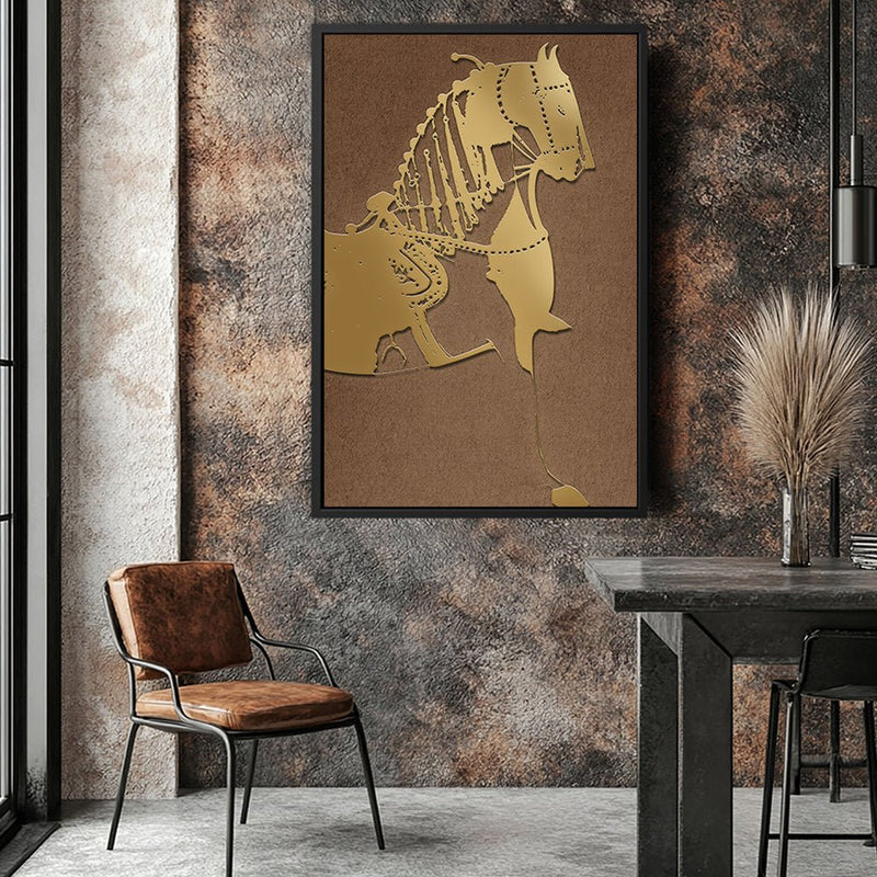 Canvas Wall Art Stretched Over Wooden Frame with Floating Frame and Golden Horse Painting CV4176 - Al Rugaib Furniture