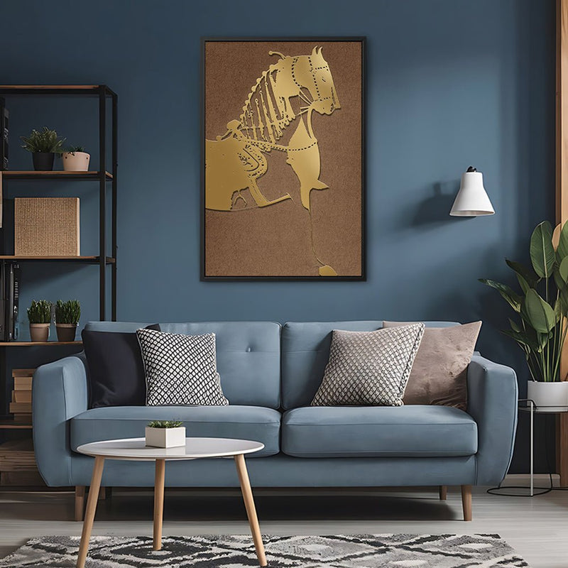 Canvas Wall Art Stretched Over Wooden Frame with Floating Frame and Golden Horse Painting CV4176 - Al Rugaib Furniture