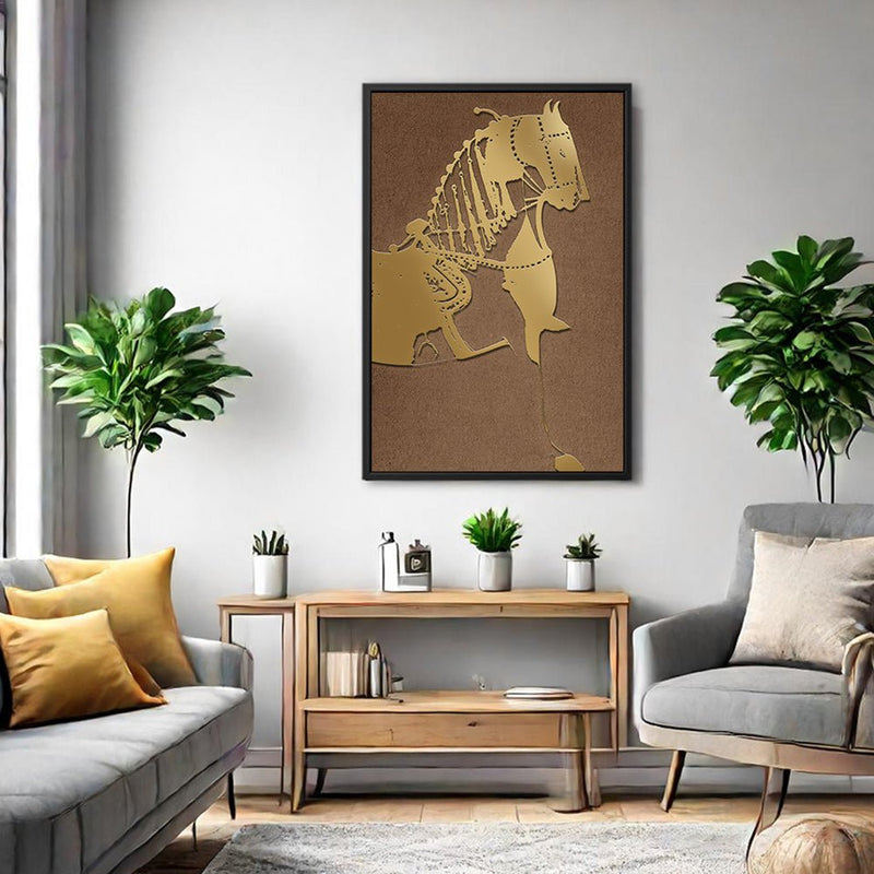 Canvas Wall Art Stretched Over Wooden Frame with Floating Frame and Golden Horse Painting CV4176 - Al Rugaib Furniture