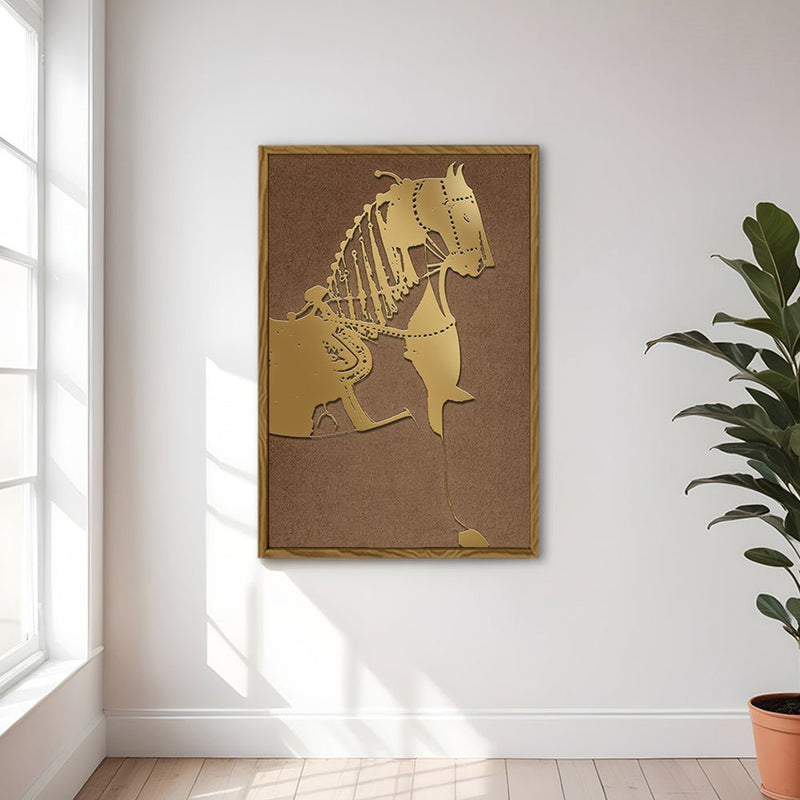 Canvas Wall Art Stretched Over Wooden Frame with Floating Frame and Golden Horse Painting CV4176 - Al Rugaib Furniture