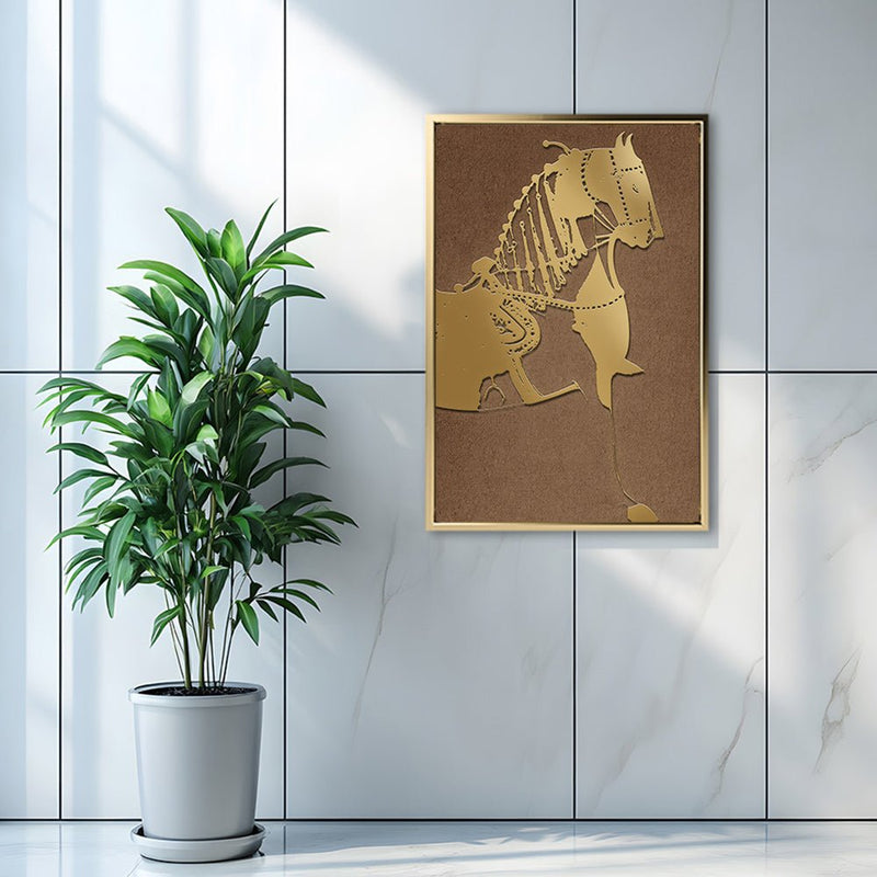 Canvas Wall Art Stretched Over Wooden Frame with Floating Frame and Golden Horse Painting CV4176 - Al Rugaib Furniture
