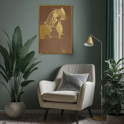 Canvas Wall Art Stretched Over Wooden Frame with Floating Frame and Golden Horse Painting CV4176 - Al Rugaib Furniture