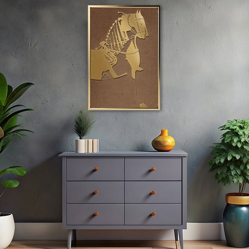Canvas Wall Art Stretched Over Wooden Frame with Floating Frame and Golden Horse Painting CV4176 - Al Rugaib Furniture