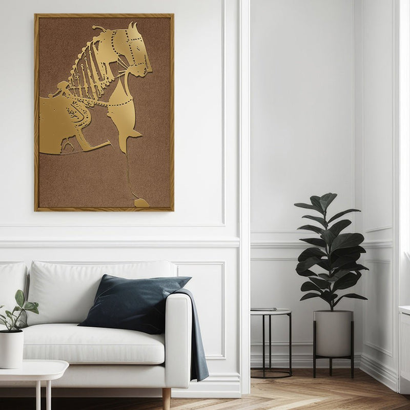 Canvas Wall Art Stretched Over Wooden Frame with Floating Frame and Golden Horse Painting CV4176 - Al Rugaib Furniture