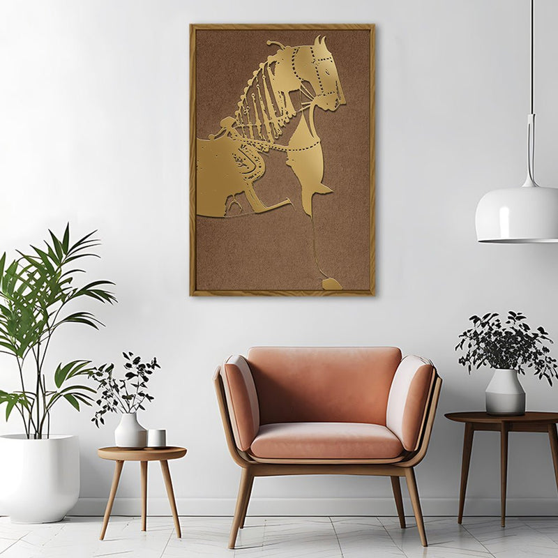Canvas Wall Art Stretched Over Wooden Frame with Floating Frame and Golden Horse Painting CV4176 - Al Rugaib Furniture