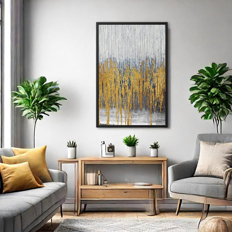 Canvas Wall Art Stretched Over Wooden Frame with Floating Frame and Golden Lines Abstract Painting CV4177 - Al Rugaib Furniture