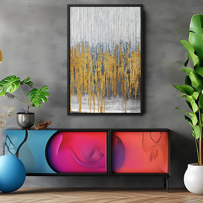 Canvas Wall Art Stretched Over Wooden Frame with Floating Frame and Golden Lines Abstract Painting CV4177 - Al Rugaib Furniture