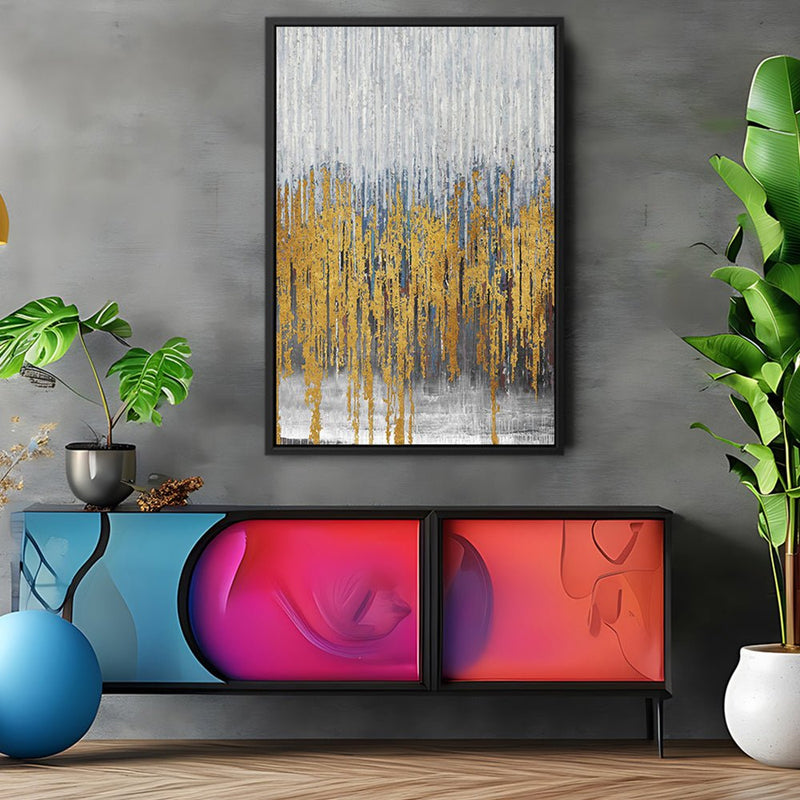 Canvas Wall Art Stretched Over Wooden Frame with Floating Frame and Golden Lines Abstract Painting CV4177 - Al Rugaib Furniture