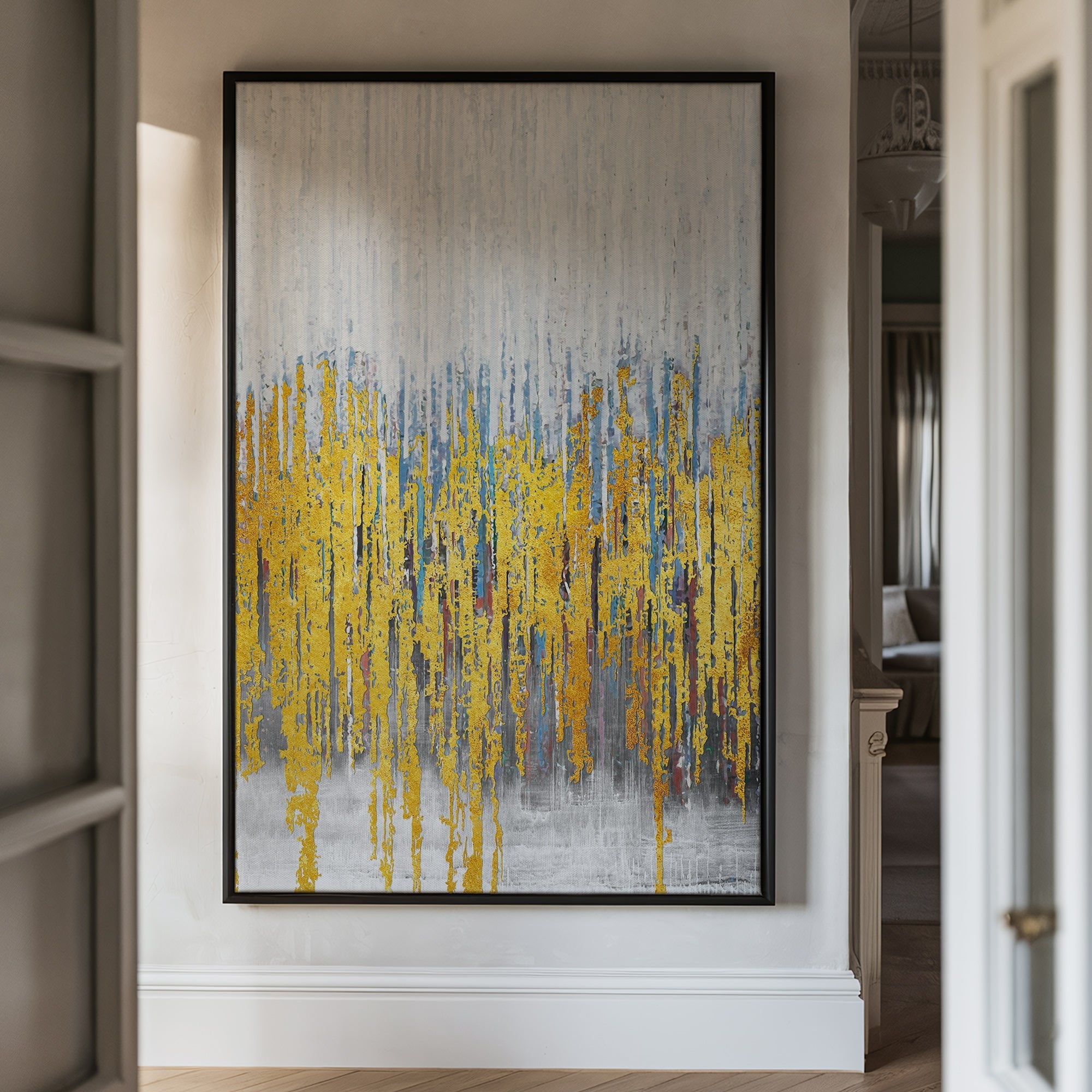 Canvas Wall Art Stretched Over Wooden Frame with Floating Frame and Golden Lines Abstract Painting CV4177 Paintings & Pictures| LOWHA