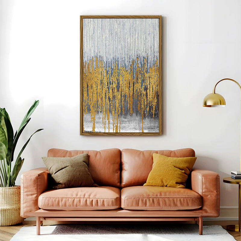 Canvas Wall Art Stretched Over Wooden Frame with Floating Frame and Golden Lines Abstract Painting CV4177 - Al Rugaib Furniture