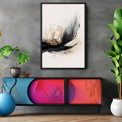 Canvas Wall Art Stretched Over Wooden Frame with Floating Frame and Golden Plant Painting CV4178 - Al Rugaib Furniture