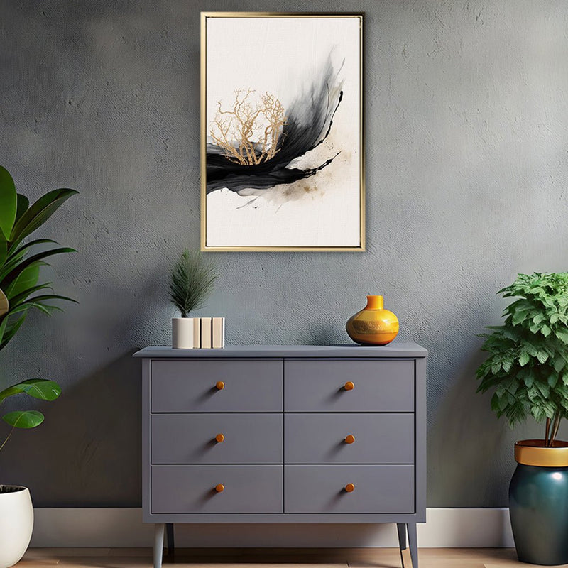 Canvas Wall Art Stretched Over Wooden Frame with Floating Frame and Golden Plant Painting CV4178 - Al Rugaib Furniture