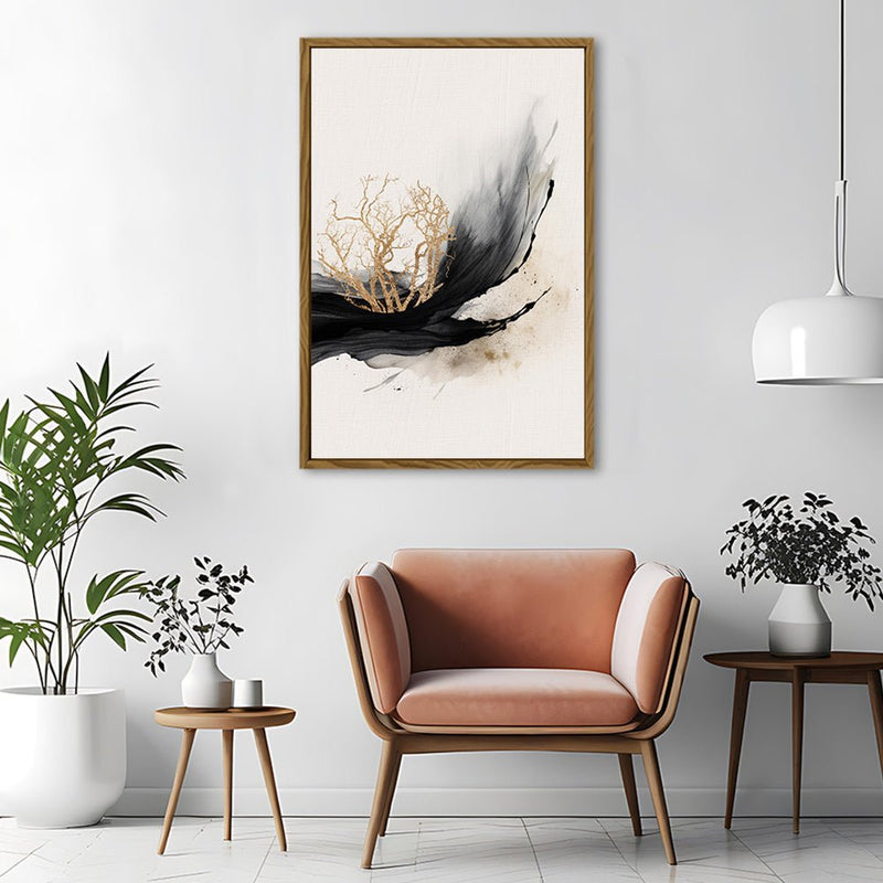 Canvas Wall Art Stretched Over Wooden Frame with Floating Frame and Golden Plant Painting CV4178 - Al Rugaib Furniture