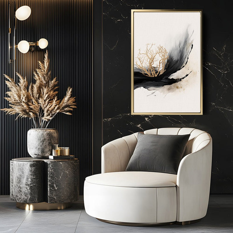 Canvas Wall Art Stretched Over Wooden Frame with Floating Frame and Golden Plant Painting CV4178 - Al Rugaib Furniture