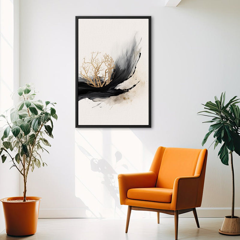 Canvas Wall Art Stretched Over Wooden Frame with Floating Frame and Golden Plant Painting CV4178 - Al Rugaib Furniture