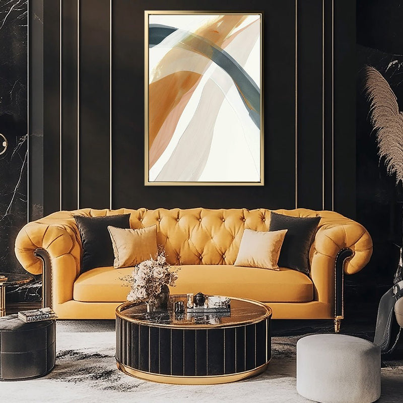 Canvas Wall Art Stretched Over Wooden Frame with Floating Frame and Golden Wave Abstract Painting CV4180 - Al Rugaib Furniture