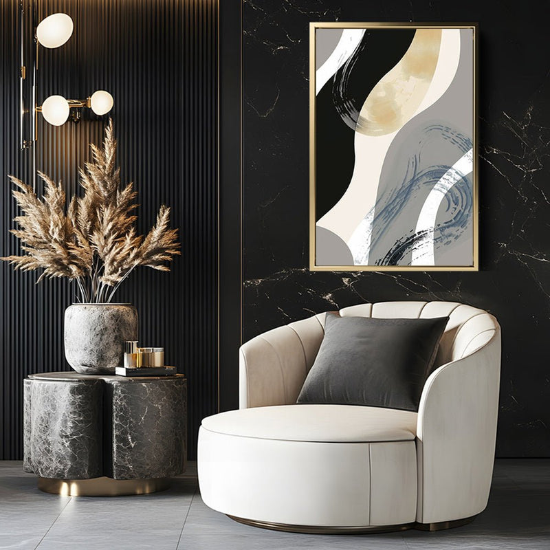 Canvas Wall Art Stretched Over Wooden Frame with Floating Frame and Grey Waves Abstract Painting CV4184 - Al Rugaib Furniture