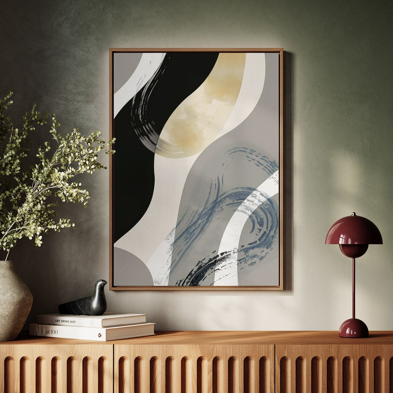 Canvas Wall Art Stretched Over Wooden Frame with Floating Frame and Grey Waves Abstract Painting CV4184 - Al Rugaib Furniture