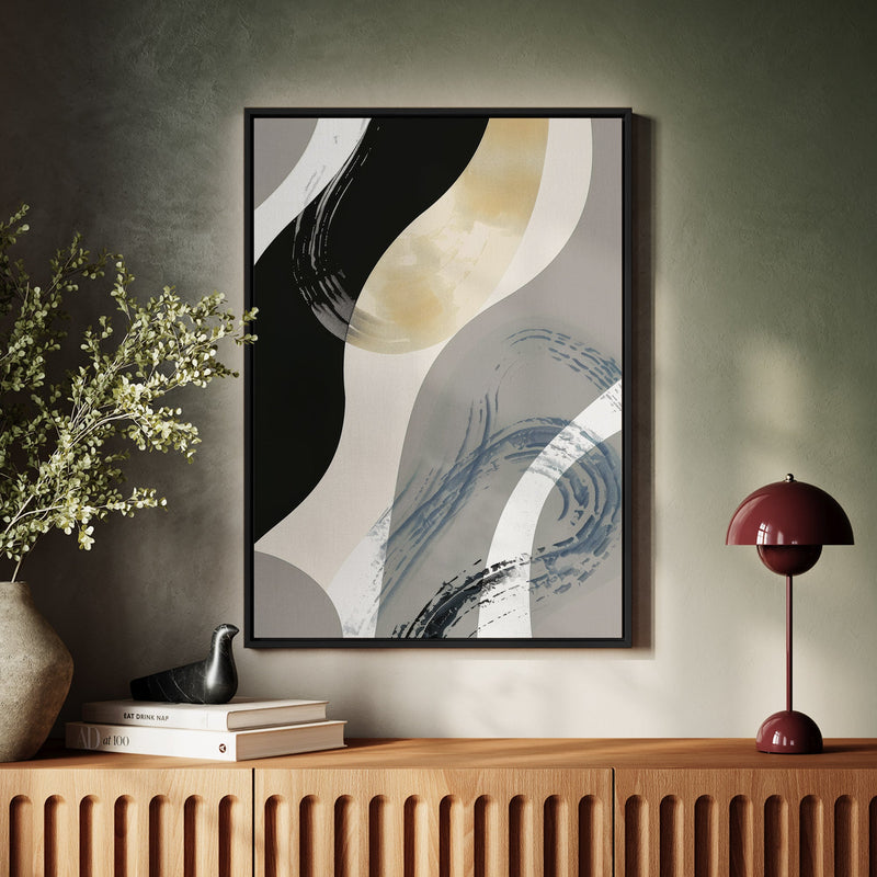 Canvas Wall Art Stretched Over Wooden Frame with Floating Frame and Grey Waves Abstract Painting CV4184 - Al Rugaib Furniture