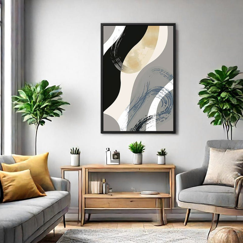 Canvas Wall Art Stretched Over Wooden Frame with Floating Frame and Grey Waves Abstract Painting CV4184 - Al Rugaib Furniture