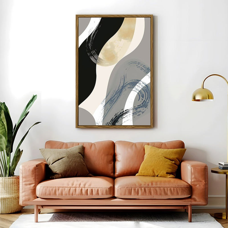 Canvas Wall Art Stretched Over Wooden Frame with Floating Frame and Grey Waves Abstract Painting CV4184 - Al Rugaib Furniture