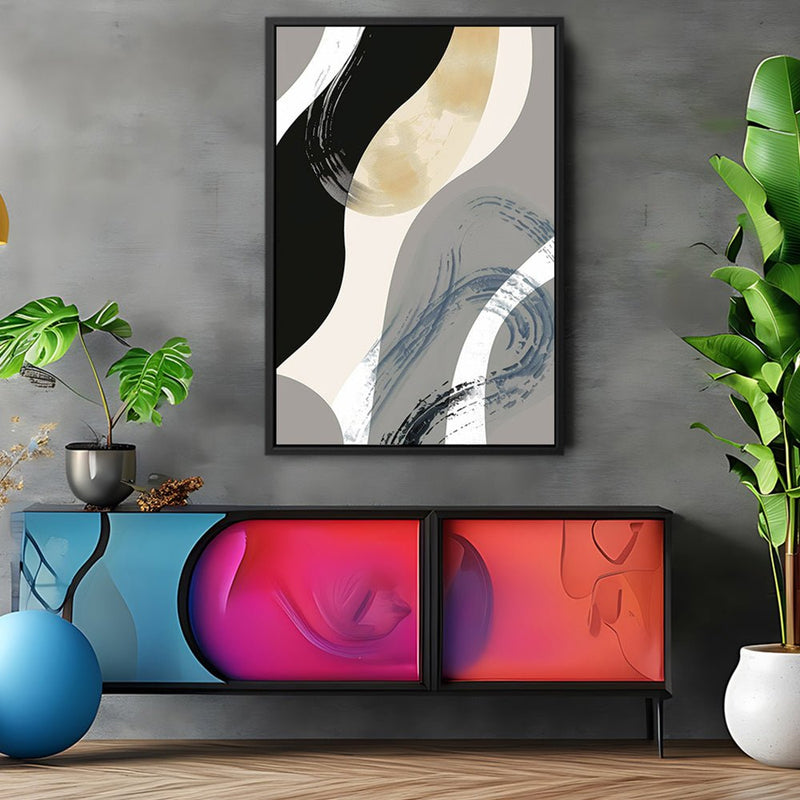 Canvas Wall Art Stretched Over Wooden Frame with Floating Frame and Grey Waves Abstract Painting CV4184 - Al Rugaib Furniture