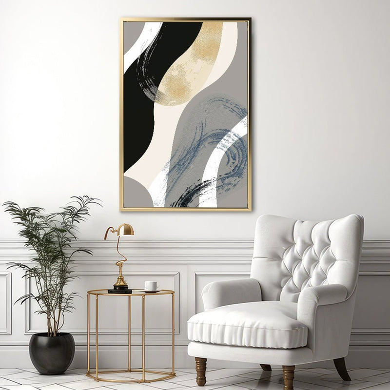 Canvas Wall Art Stretched Over Wooden Frame with Floating Frame and Grey Waves Abstract Painting CV4184 - Al Rugaib Furniture