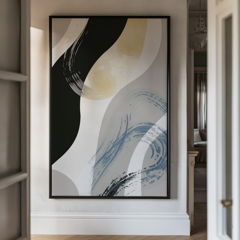 Canvas Wall Art Stretched Over Wooden Frame with Floating Frame and Grey Waves Abstract Painting CV4184 - Al Rugaib Furniture