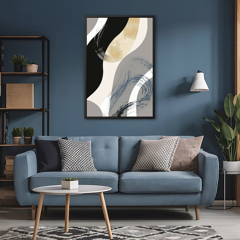 Canvas Wall Art Stretched Over Wooden Frame with Floating Frame and Grey Waves Abstract Painting CV4184 - Al Rugaib Furniture